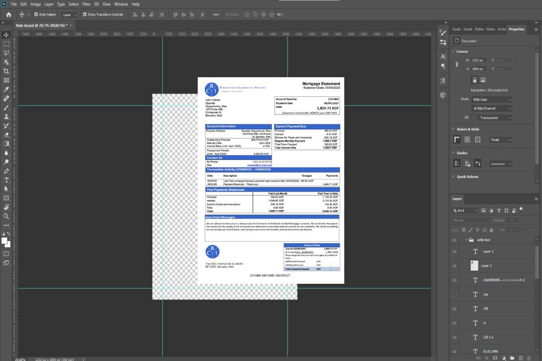 Modèle Word et PDF de relevé hypothécaire de la Banque pour le Commerce et l'Industrie du Mali (BCI, Mali) template